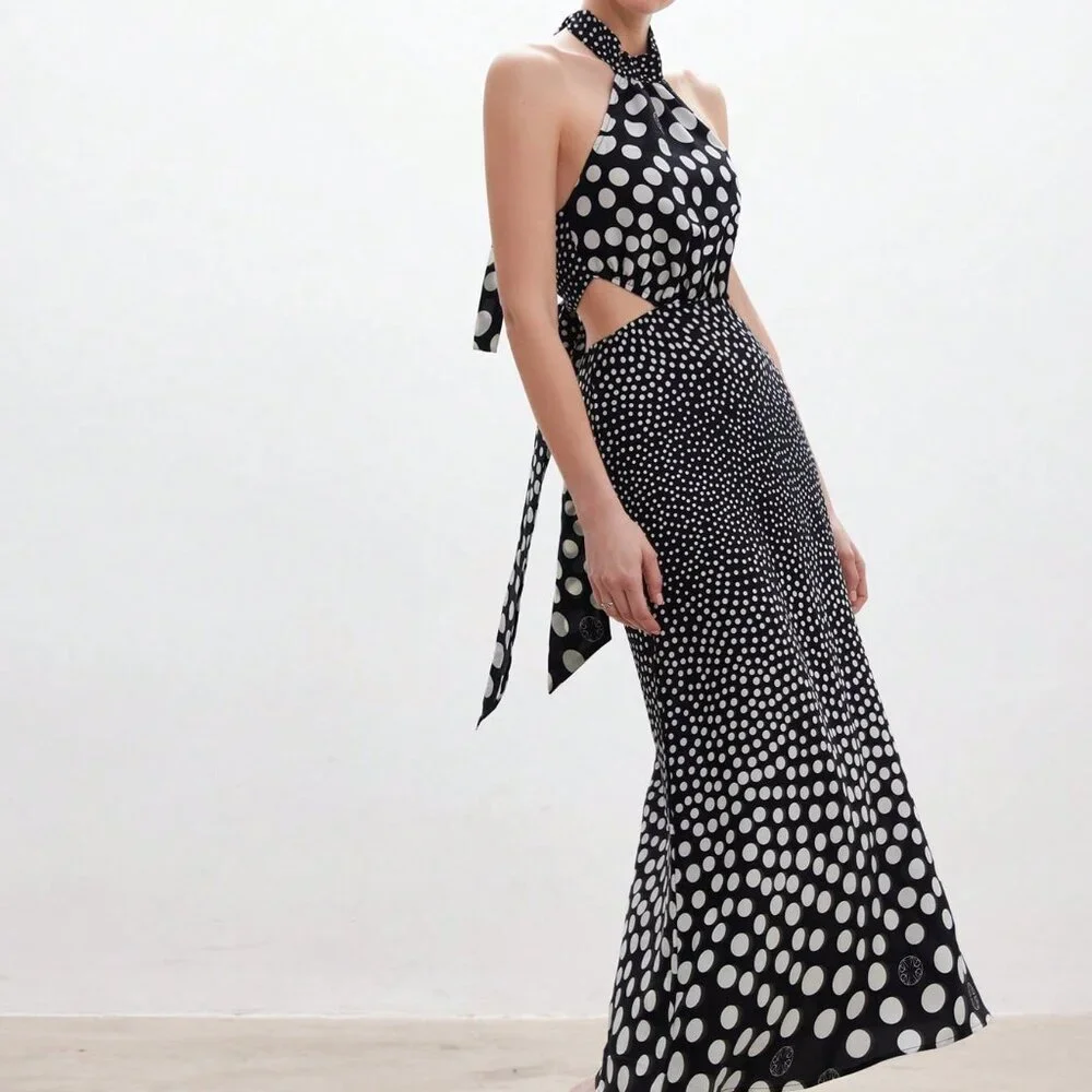 Multicolor French Romantic Women's Polka Dot Halter Asymmetrical Long Dress - Picture 3 of 6